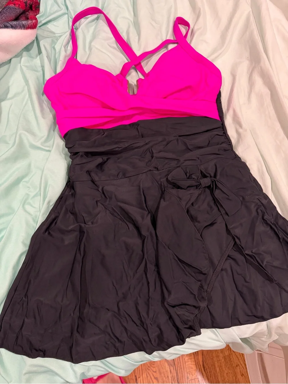 Hot Pink and Black Ruched Skirted One-Piece Swimdress